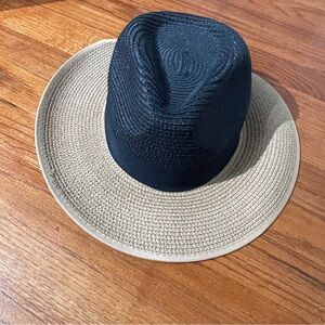 Women’s Magid Black Tan Straw Woven Fedora Beach Panama Hat coastal cowgirl bow